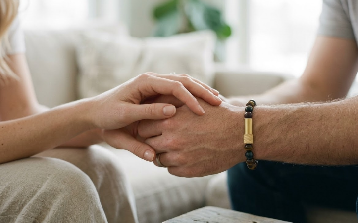 Couple holding hands with Enusia waterproof pill holder bracelet visible on wrist