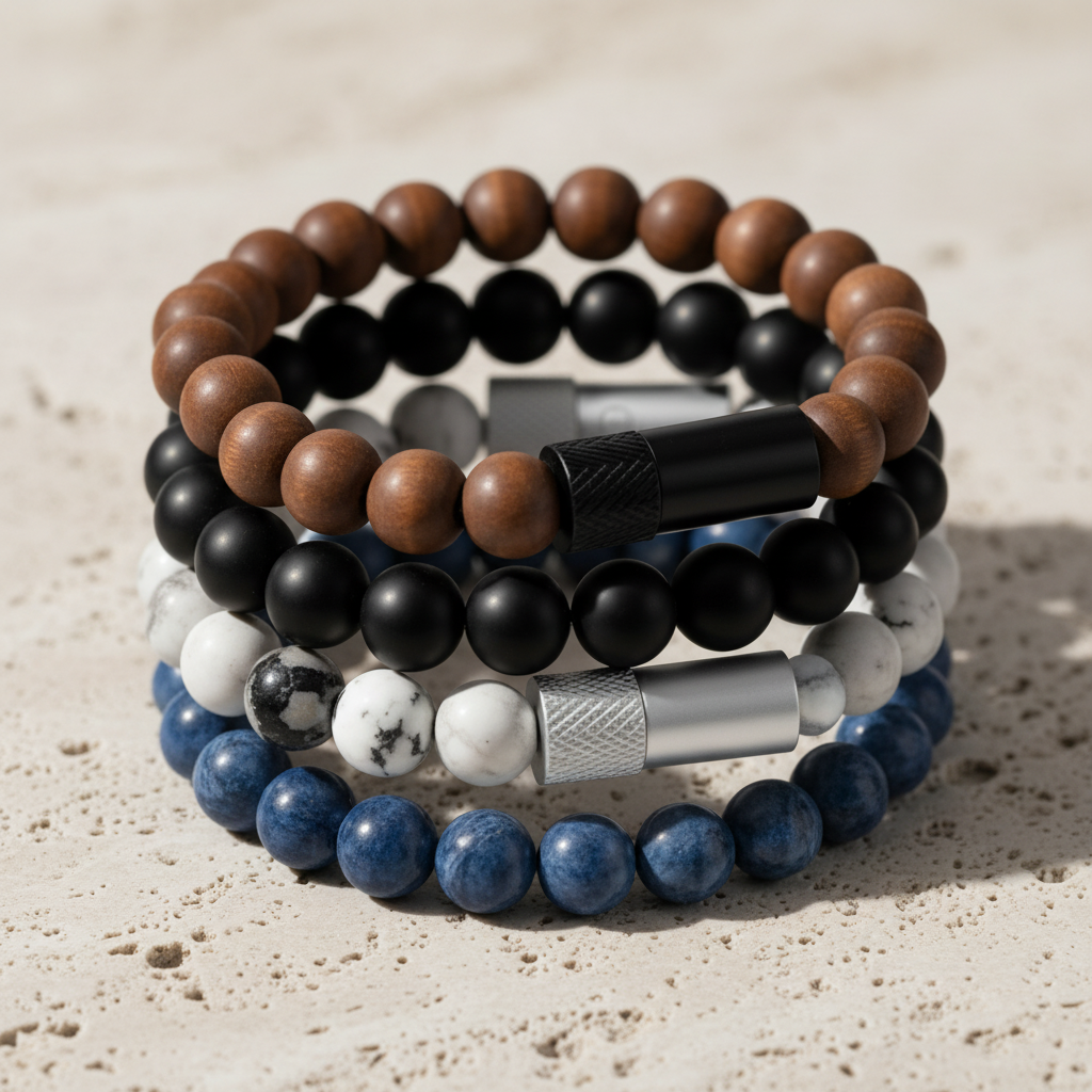 Best selling beaded bracelets with waterproof pill holders in black onyx, tiger eye, lapis, and moonstone on dark slate background