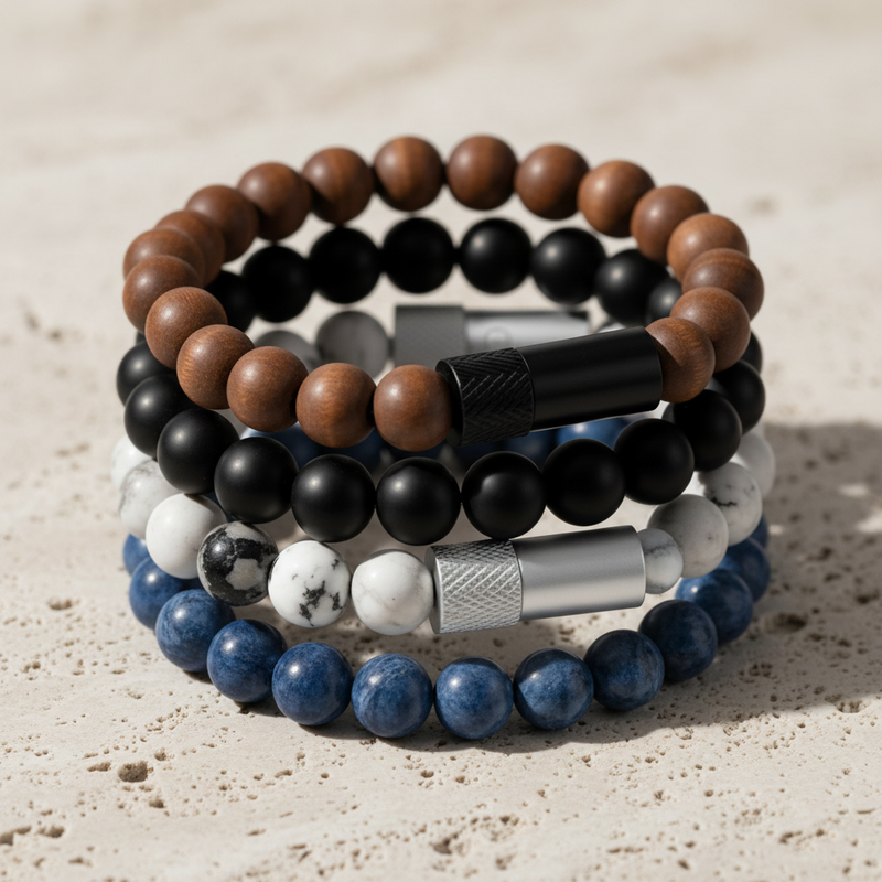 Best selling beaded bracelets with waterproof pill holders in black onyx, tiger eye, lapis, and moonstone on dark slate background