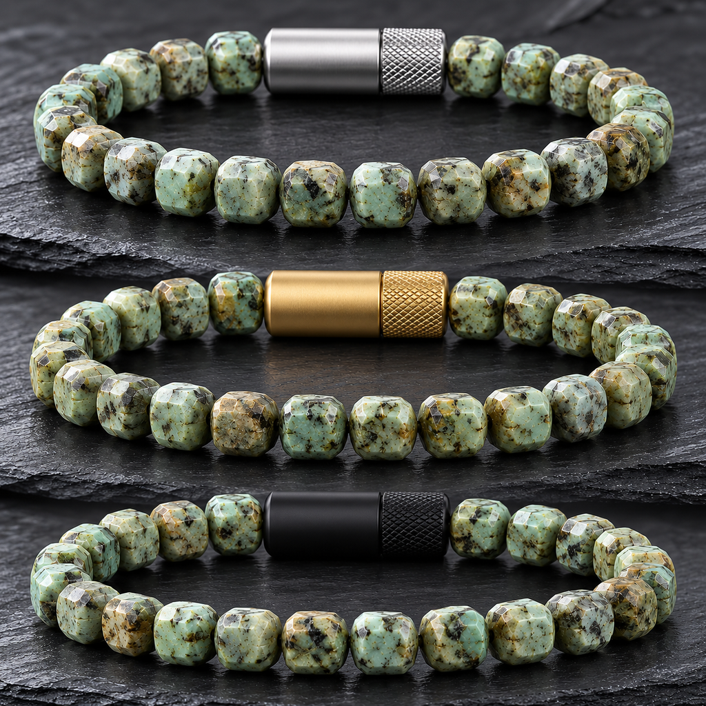 Three African Turquoise Cube Embracelets with silver, matte gold, and matte black pill holder vessels on dark slate.