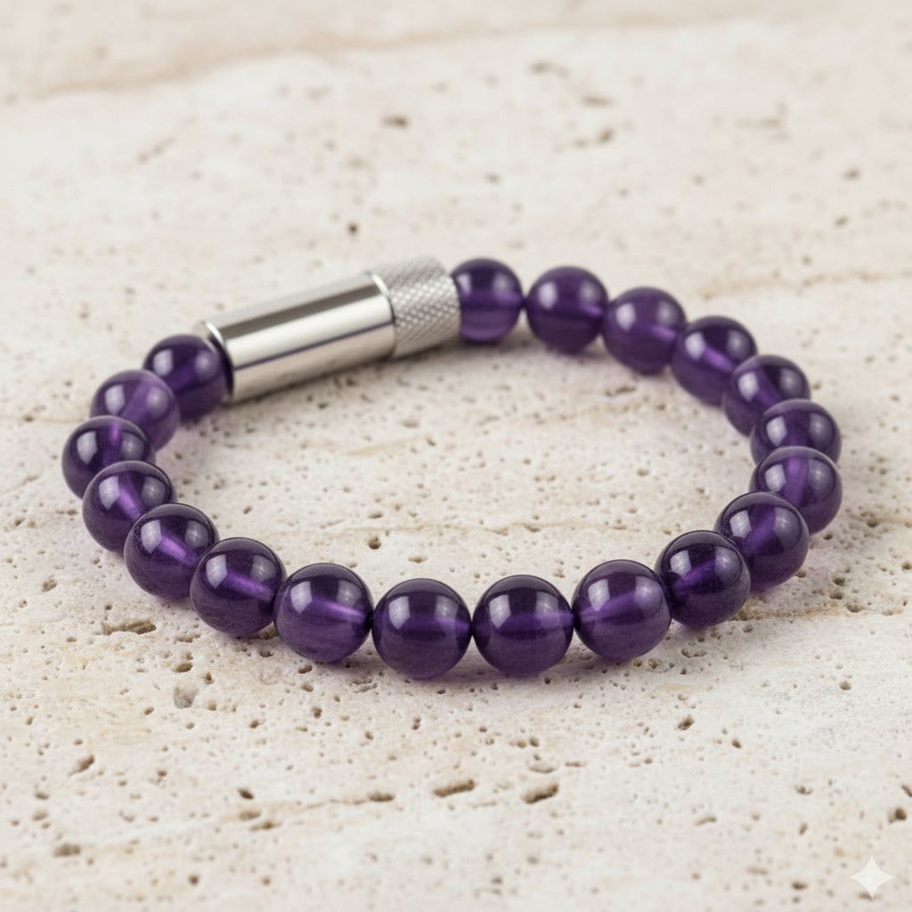 Purple beaded bracelet with a silver clasp on a white background