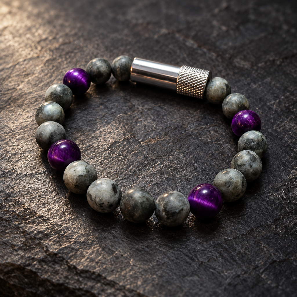 Enusia waterproof pill holder bracelet with matte gray Labradorite, four purple Tiger’s Eye beads, and a silver vessel, angled on dark charcoal stone.