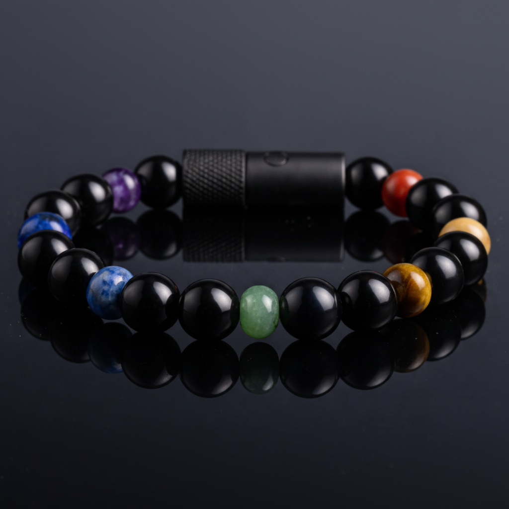 Black Onyx bracelet with seven chakra stones and discreet stainless steel pill holder on glossy black background.