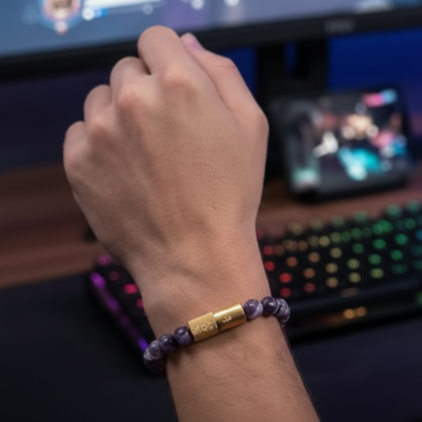 Person playing a video game with multiple monitors and a colorful keyboard. showing off his enusia medication holder