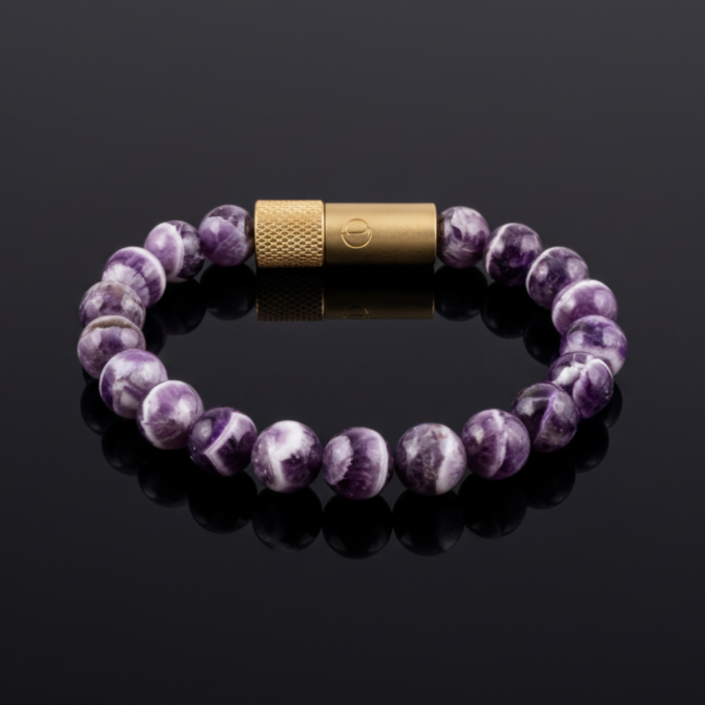 Purple beaded bracelet with a hidden gold vessl holds pills  on a black background