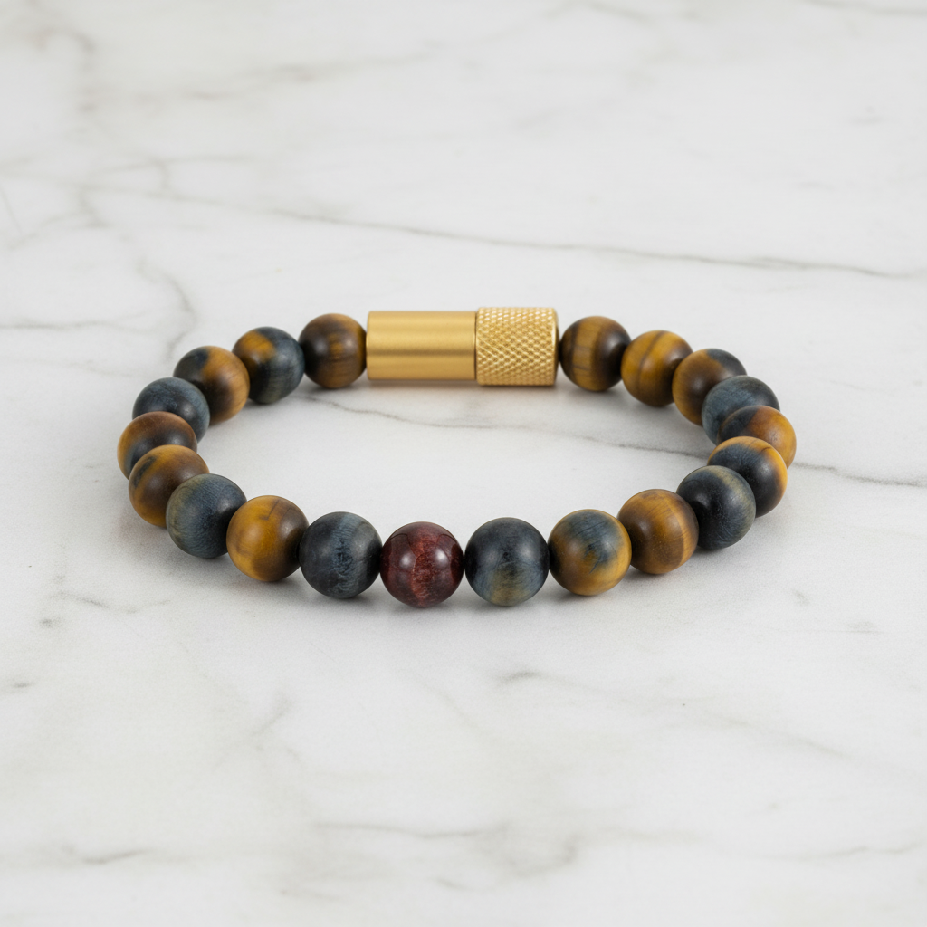 A beaded bracelet with polished tiger's eye and dark gray beads, featuring a textured gold cylindrical clasp, displayed on a reflective black surface.