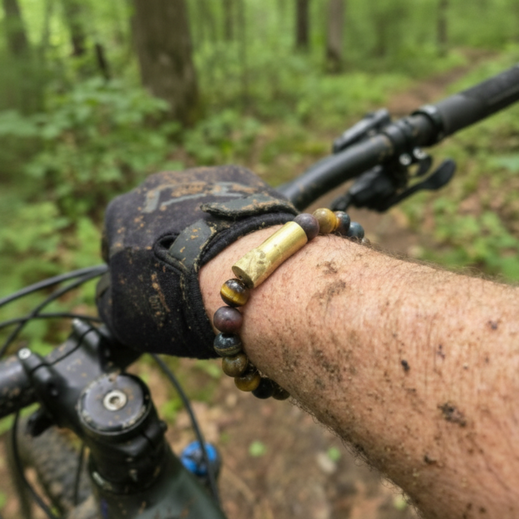 Hand wearing a glove and bracelet on a bike handlebar with a forest background