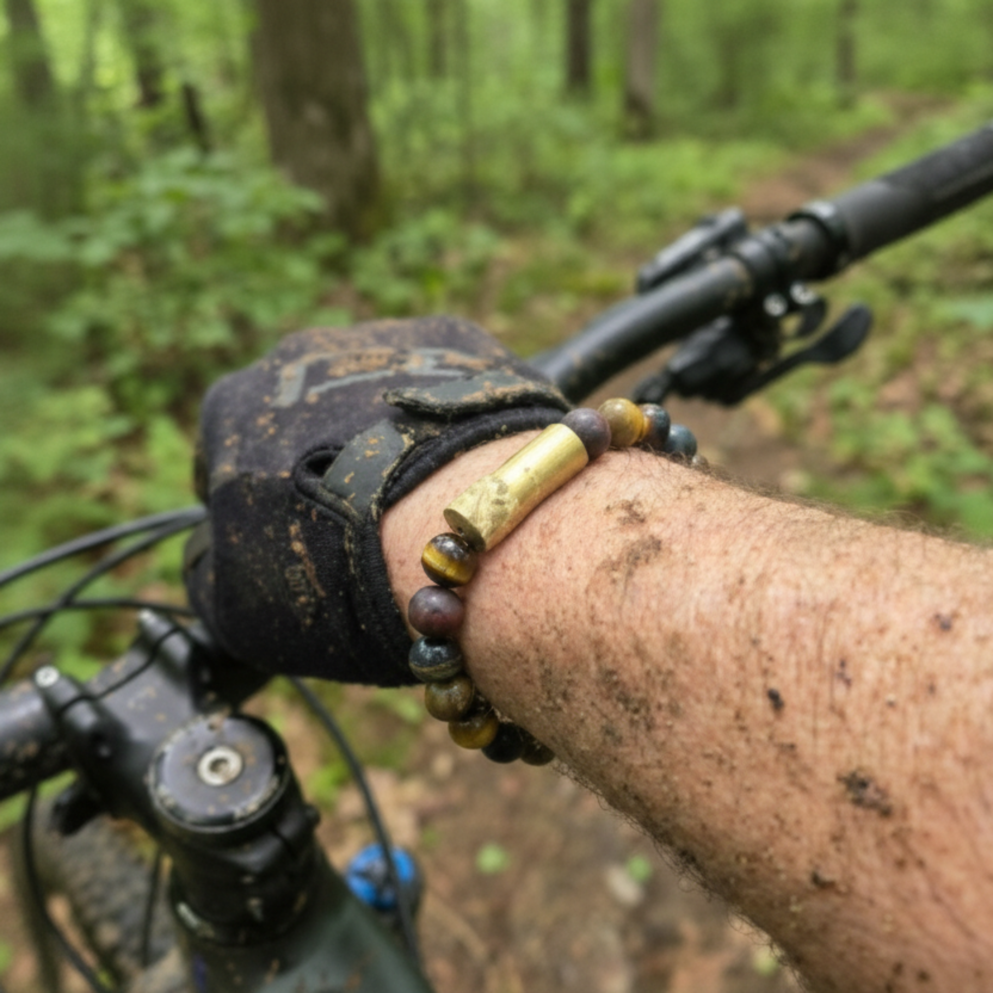 Hand wearing a glove and bracelet on a bike handlebar with a forest background