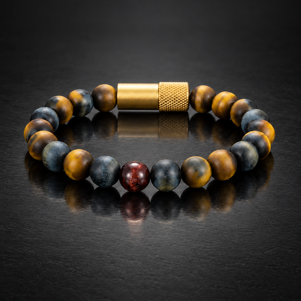 A beaded bracelet with polished tiger's eye and blue-gray beads, featuring a textured gold magnetic clasp, displayed on a dark reflective surface.