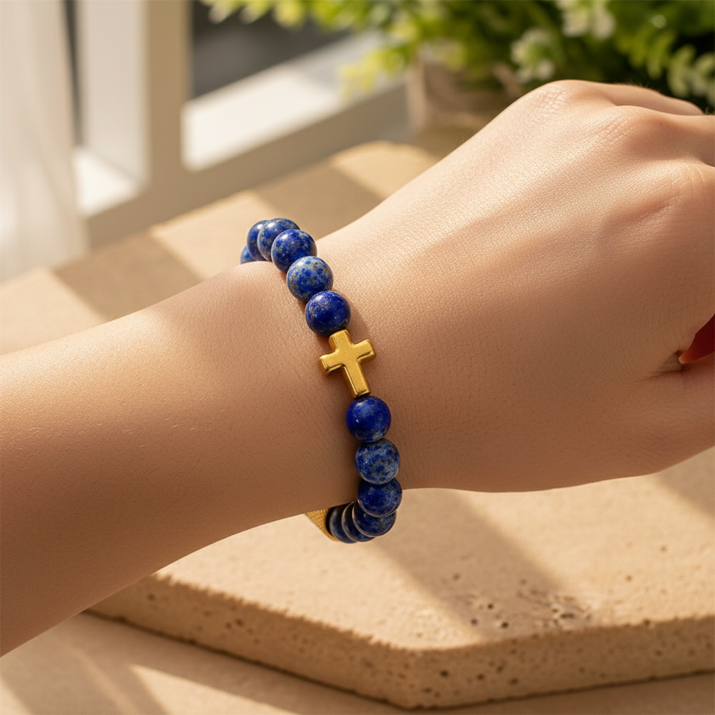 A beaded bracelet with polished blue and white speckled beads, a textured gold-tone clasp, and a small gold-tone cross charm, displayed on a beige stone slab.