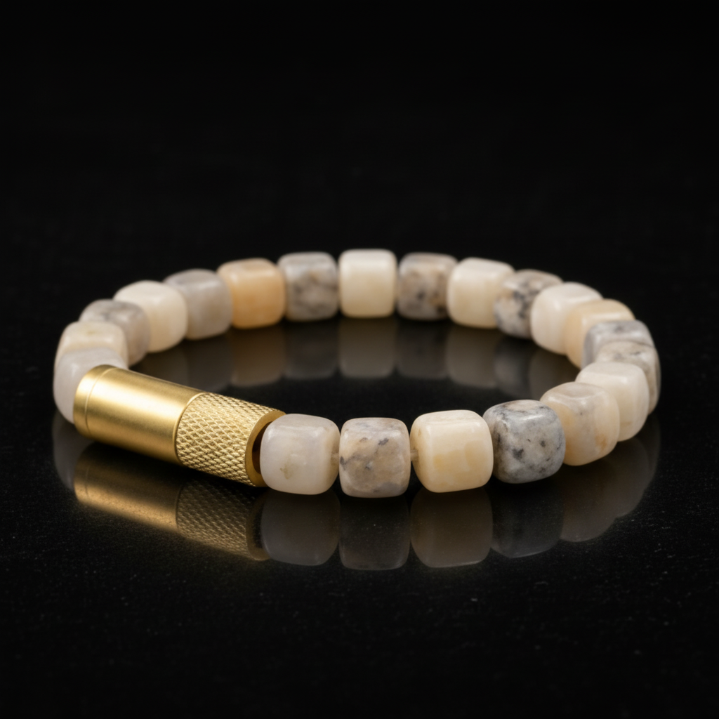 Beaded bracelet with a gold clasp on a beige background