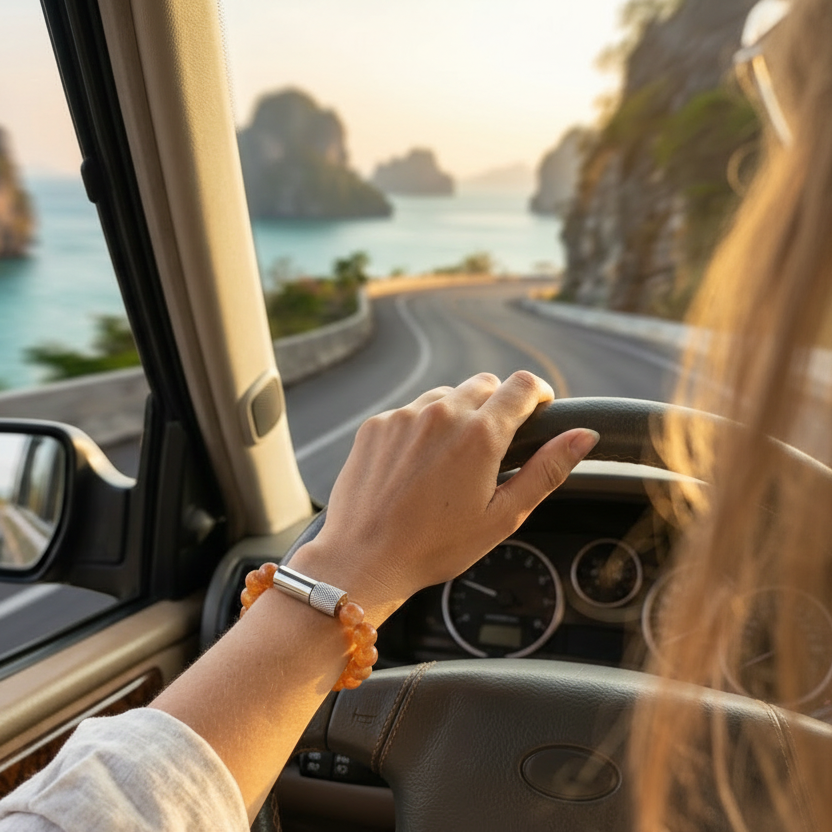 Person driving a car with a scenic road and ocean view
