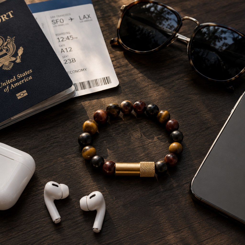 A beaded bracelet with brown, black, and gold beads and a gold-toned clasp is displayed on a dark wooden surface alongside other lifestyle props including a US passport, flight ticket, sunglasses, AirPods, earbuds, and a smartphone.