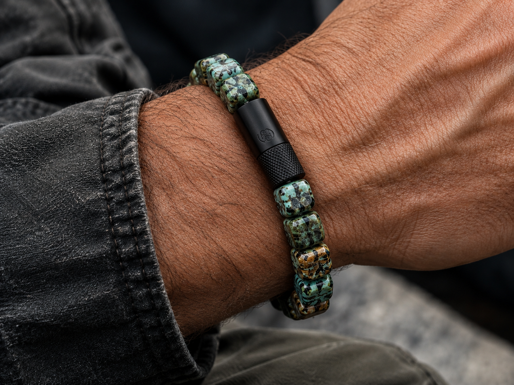 A close-up of a person's wrist wearing a beaded bracelet with green and blue marbled beads and a matte black textured connector.