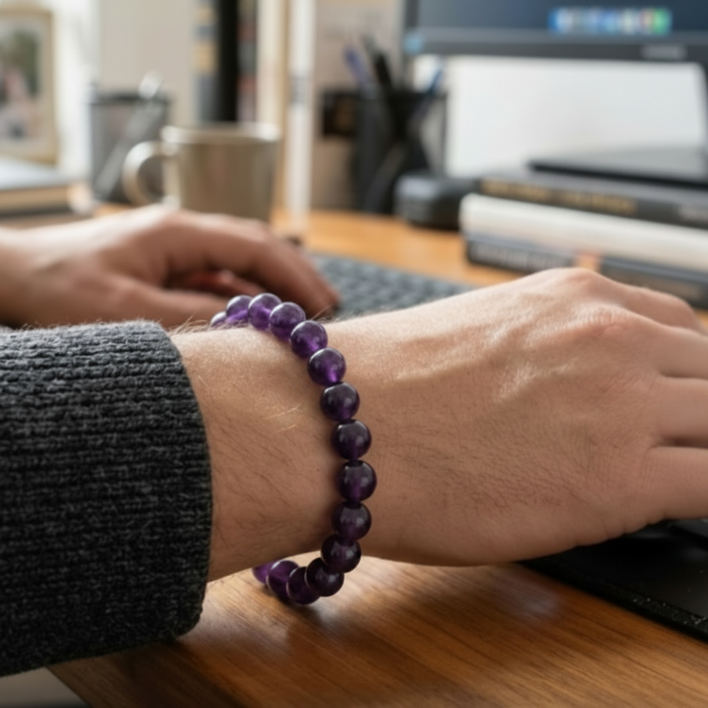 Person wearing a purple beaded bracelet at a desk with a computer in the background pill holder hidden