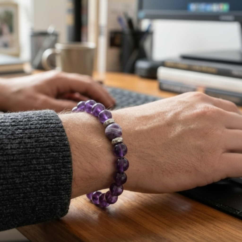 Person wearing a purple beaded bracelet at a desk with a computer in the background pill holder hidden