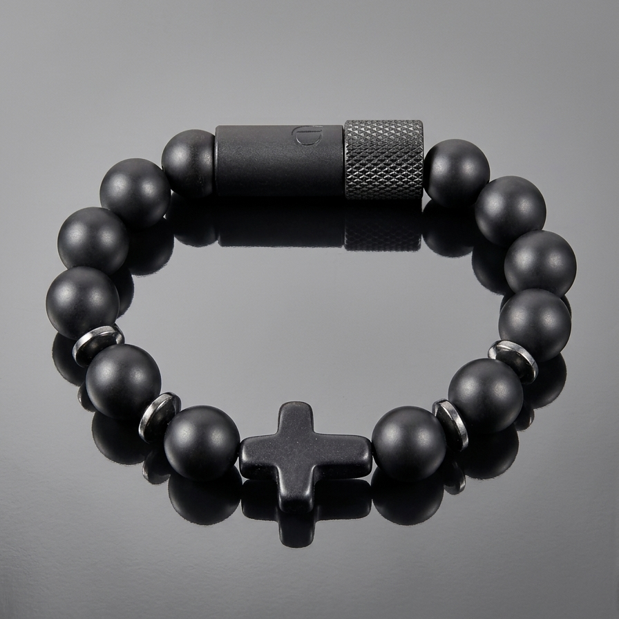 Black beaded bracelet with a cross charm on a gray background