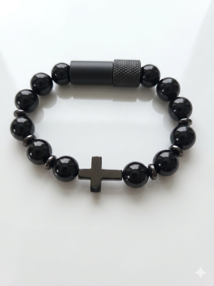 Black beaded bracelet with a cross charm on a white background