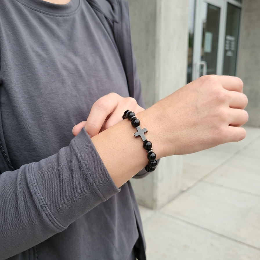 Person wearing a black beaded embracelet with a cross charm on a neutral background