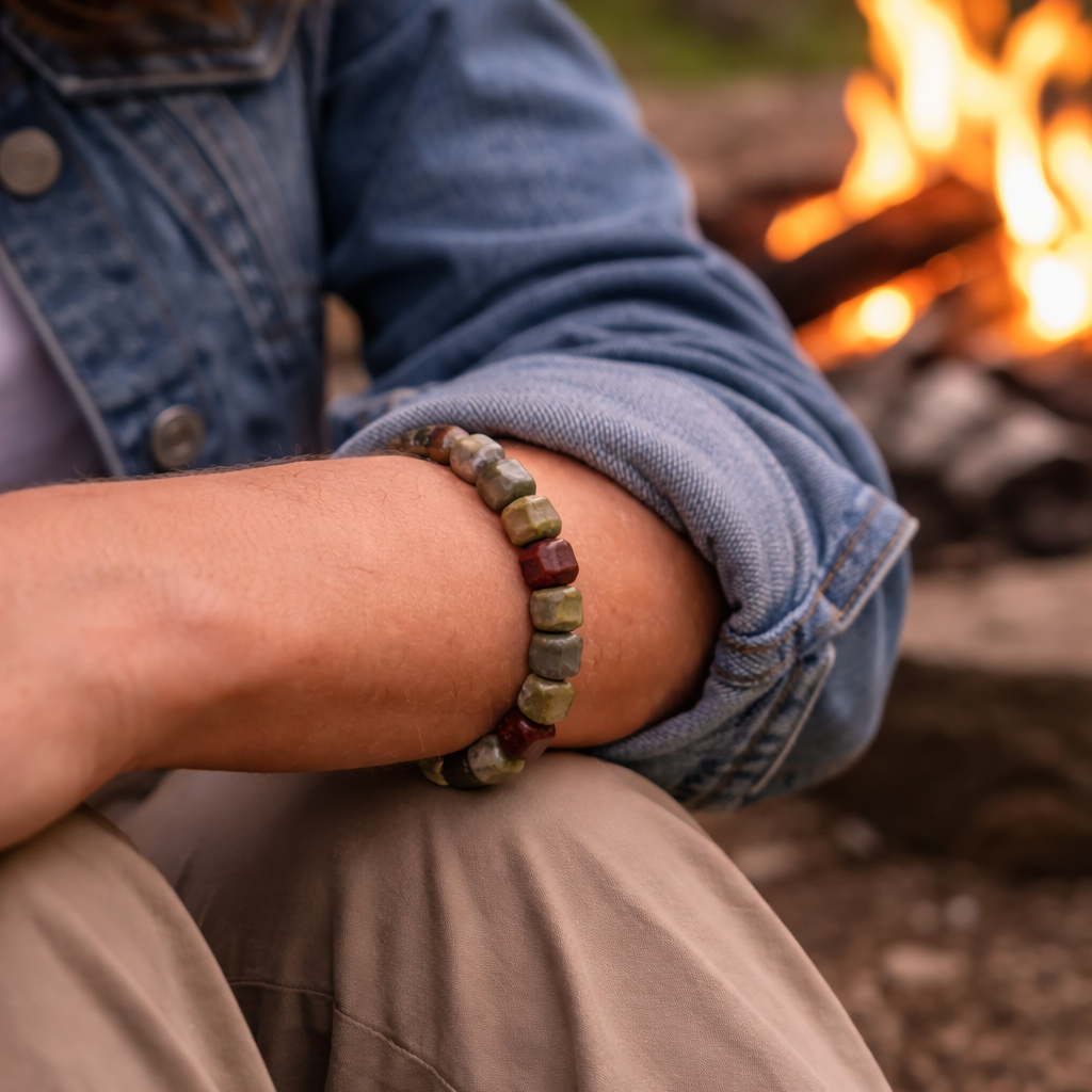 Person sitting by a campfire wearing a beaded bracelet, with a focus on the bracelet.