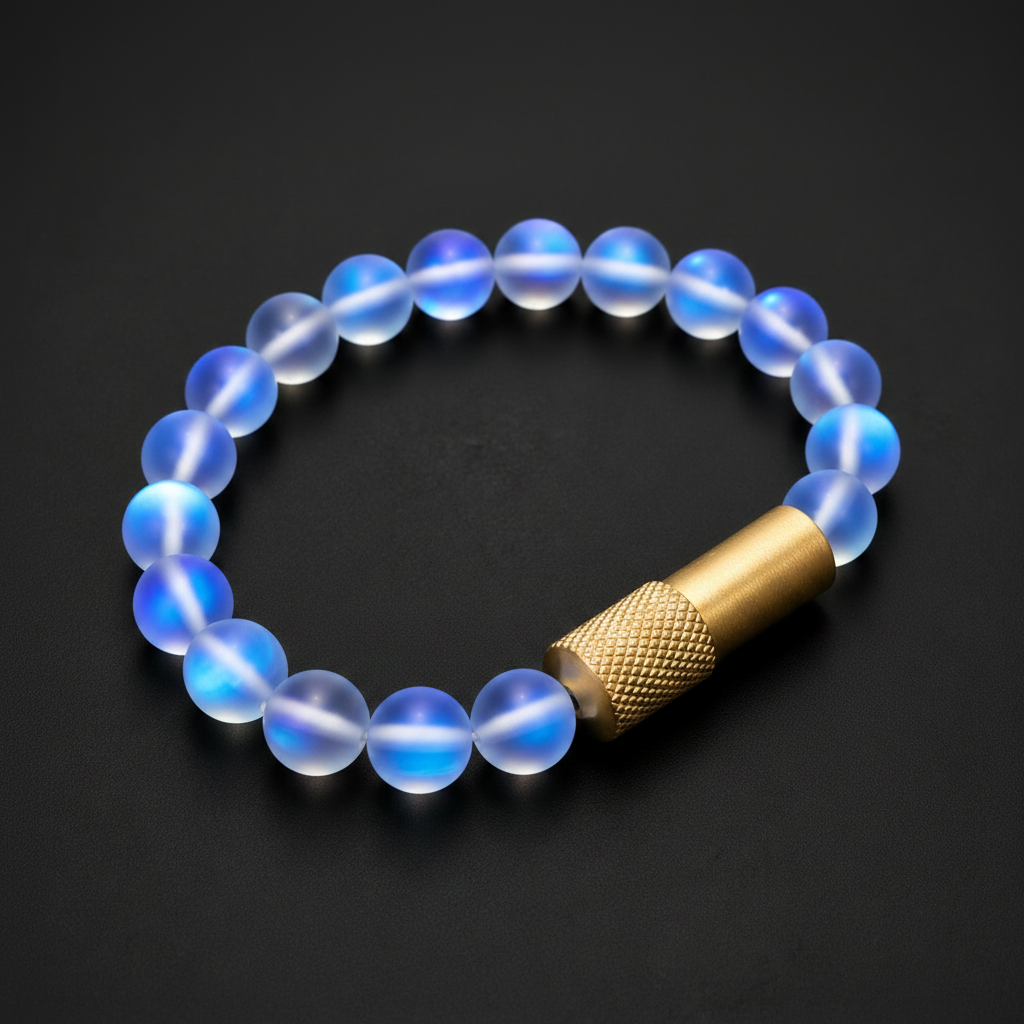 A beaded bracelet with translucent blue and white moonstone-like round beads and a gold-tone cylindrical clasp, photographed on a dark background.