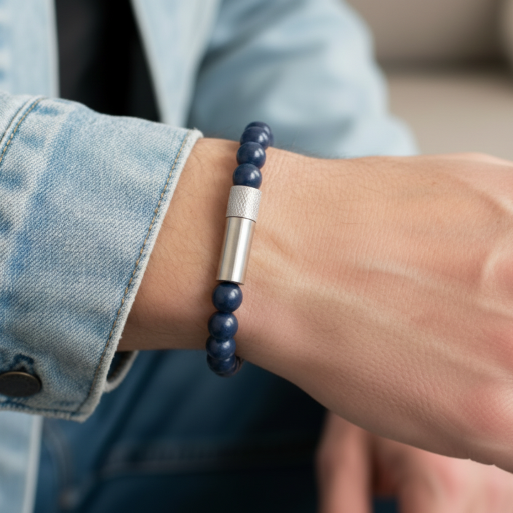 Person wearing a blue beaded bracelet on a casual setting