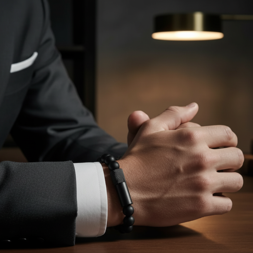 Mad wearing a black suit with a white shirt, sitting at a desk with hands clasped. showing a discrete hidden pill holder bracelet
