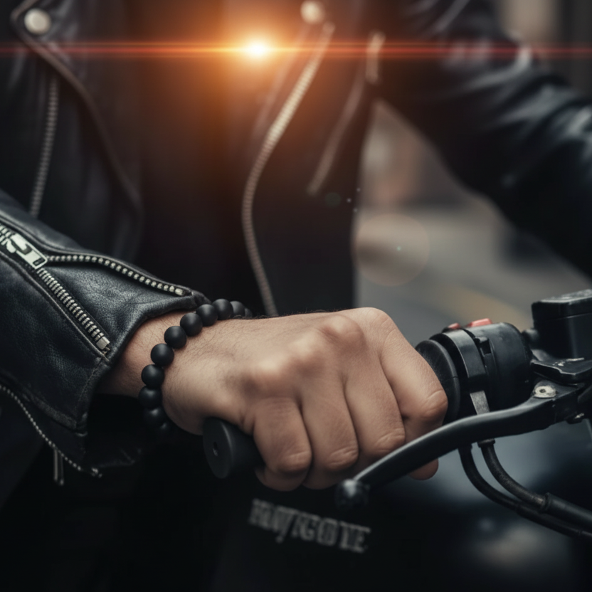 Close-up of a person's hand gripping motorcycle handlebars with a blurred background hidden pill holder design