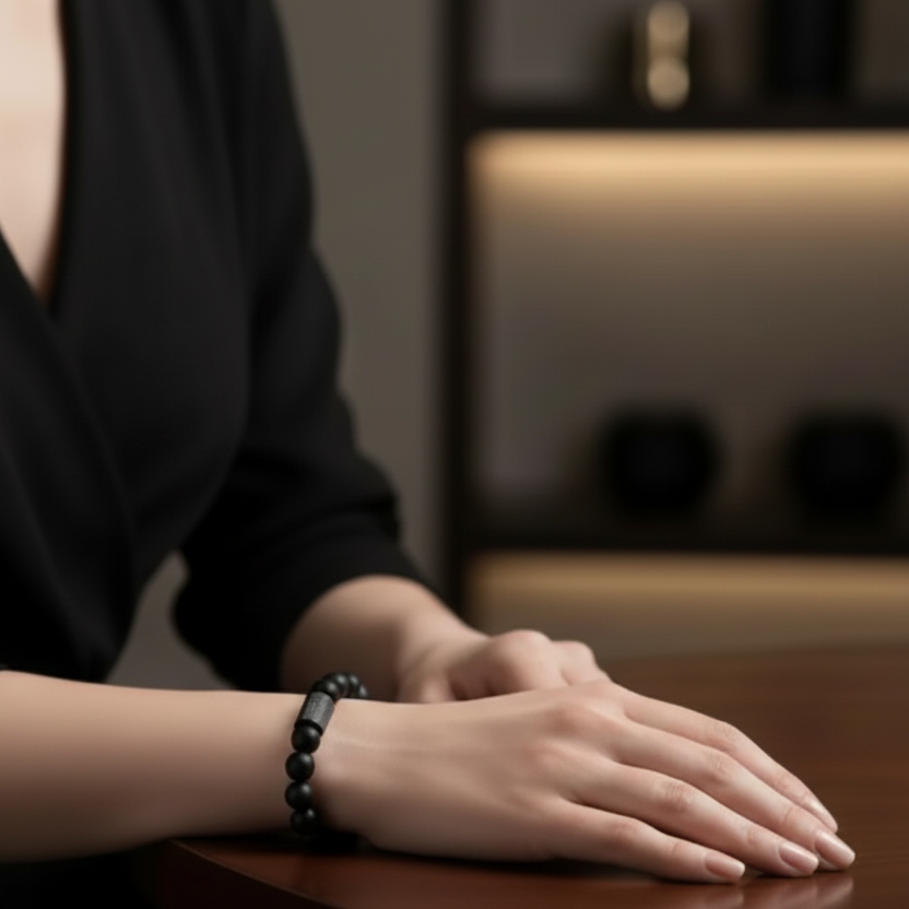 Person wearing a black matte discrete pill holder black long-sleeve top with a blurred background