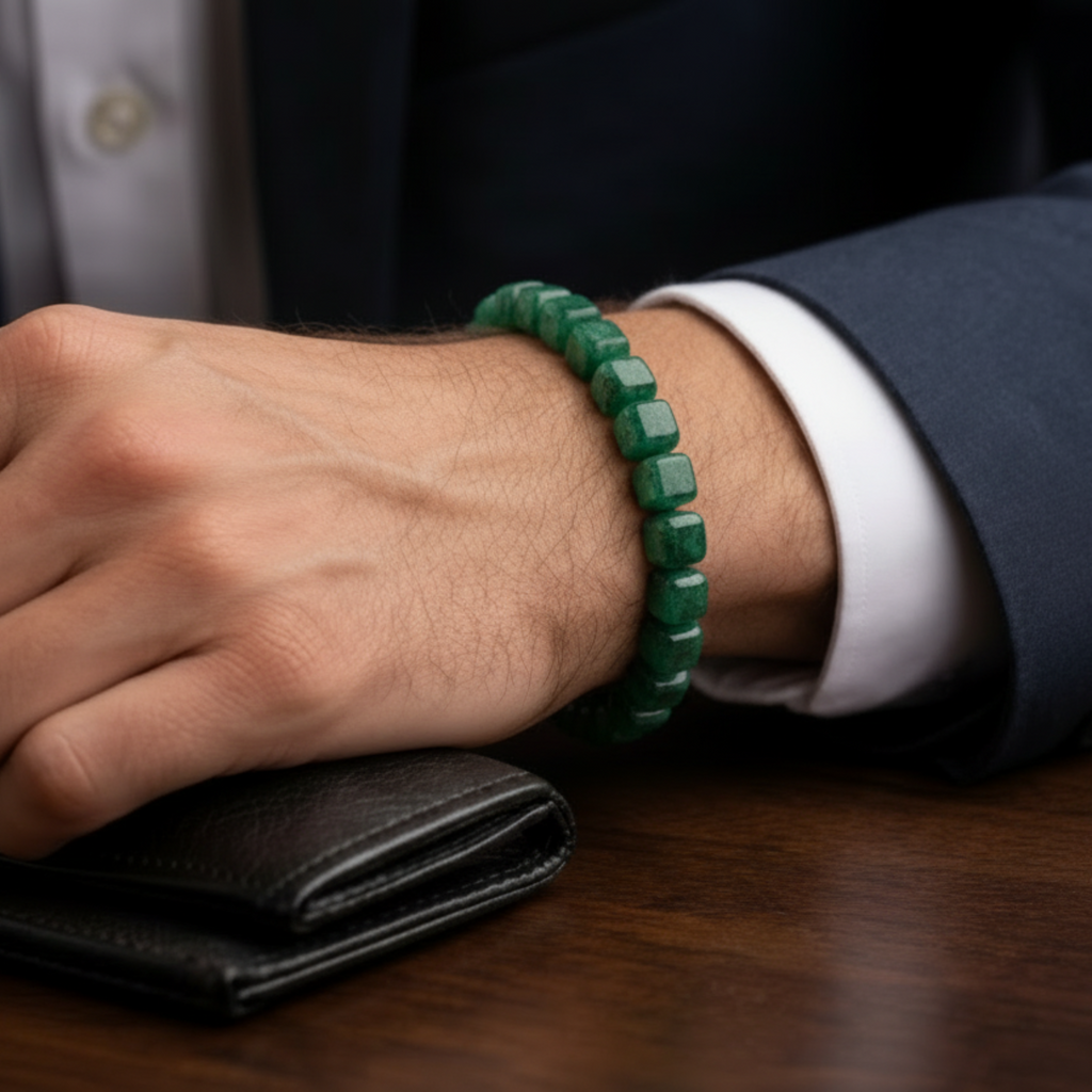 Person wearing a green beaded bracelet on a wooden surface