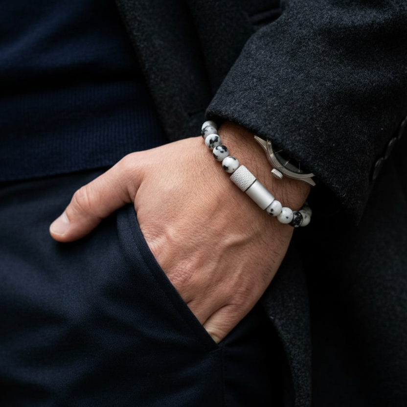 Hand wearing a bracelet with a dark coat background and showing how descrete the pill holder is 