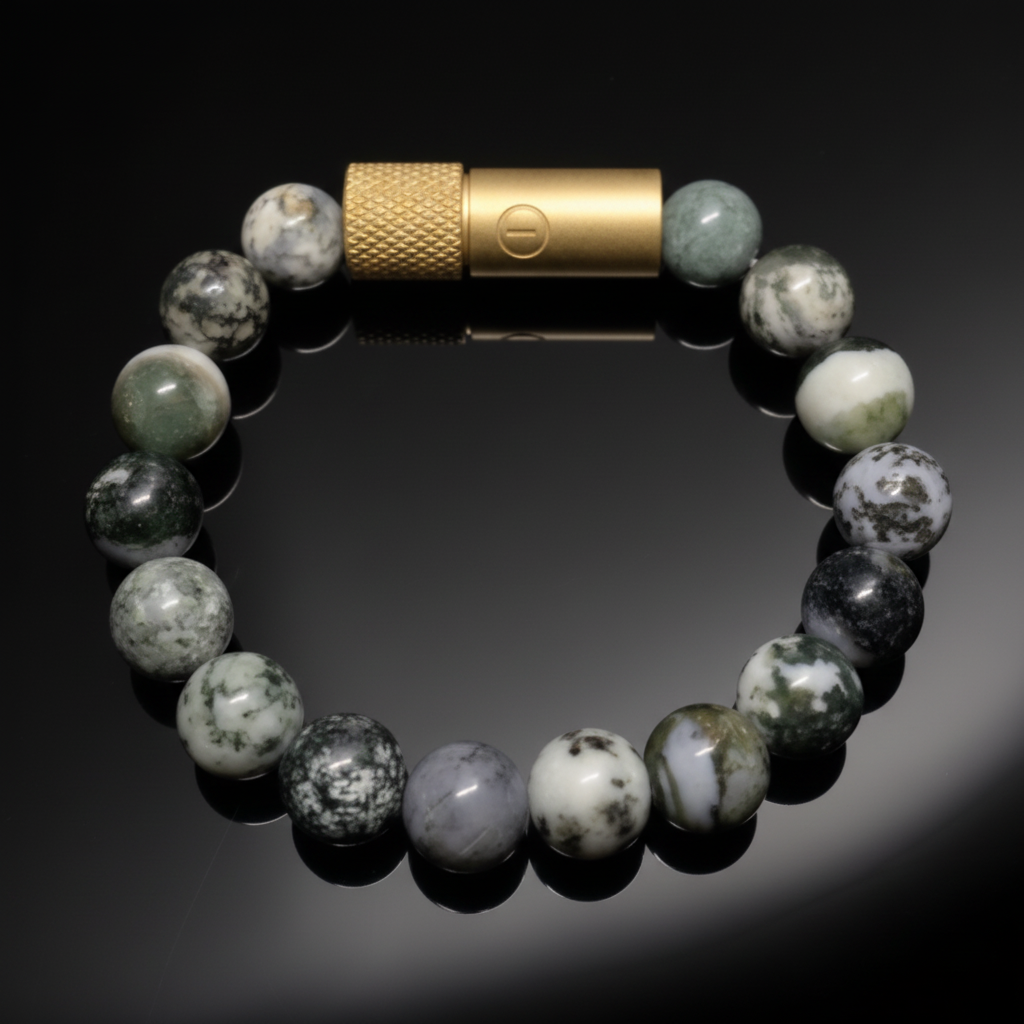 Bracelet with green and gray beads and gold clasp on a dark background discreet pill holder