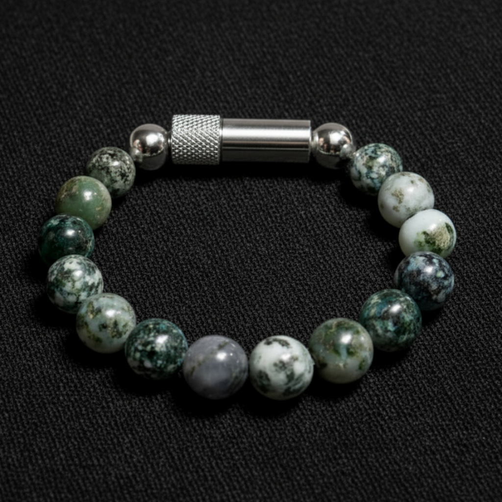 tree moss agate beaded bracelet with discreet pill holder vessel