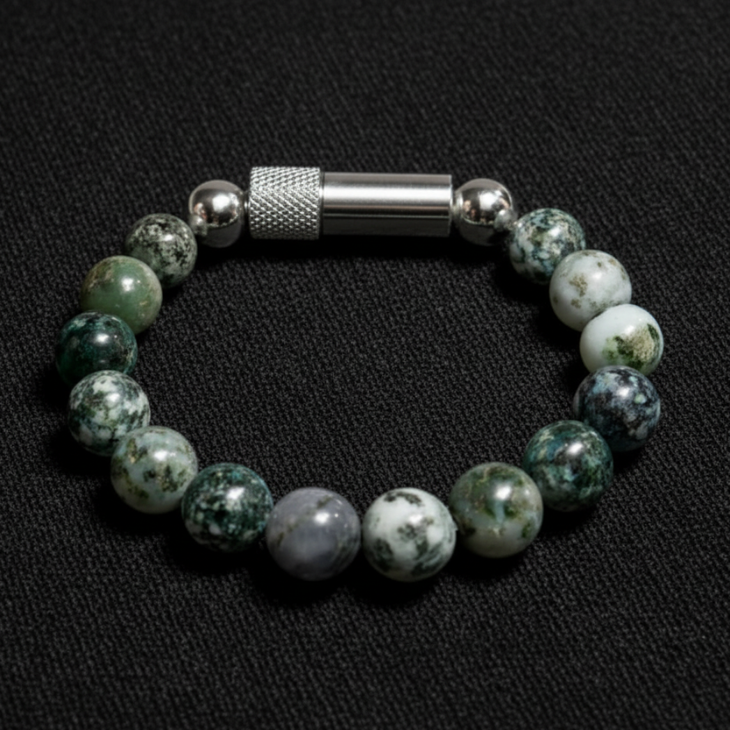 tree moss agate beaded bracelet with discreet pill holder vessel