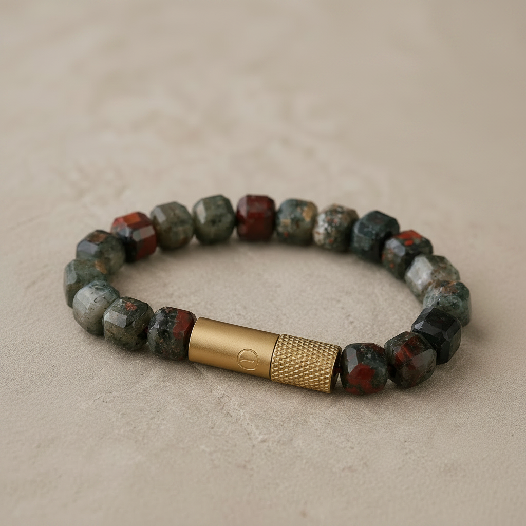 A beaded bracelet made of faceted natural stone beads in green, gray, red, and white, with a gold-tone cylindrical clasp, photographed on a neutral beige textured surface.