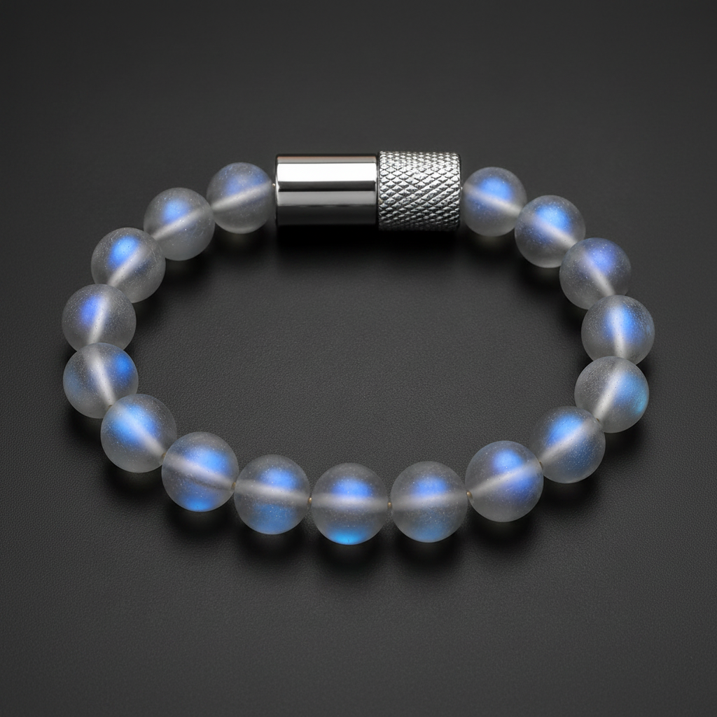 A beaded bracelet made of translucent white beads with a blue iridescent sheen, featuring a silver-toned cylindrical clasp with a textured knurled band, set against a dark gray background.