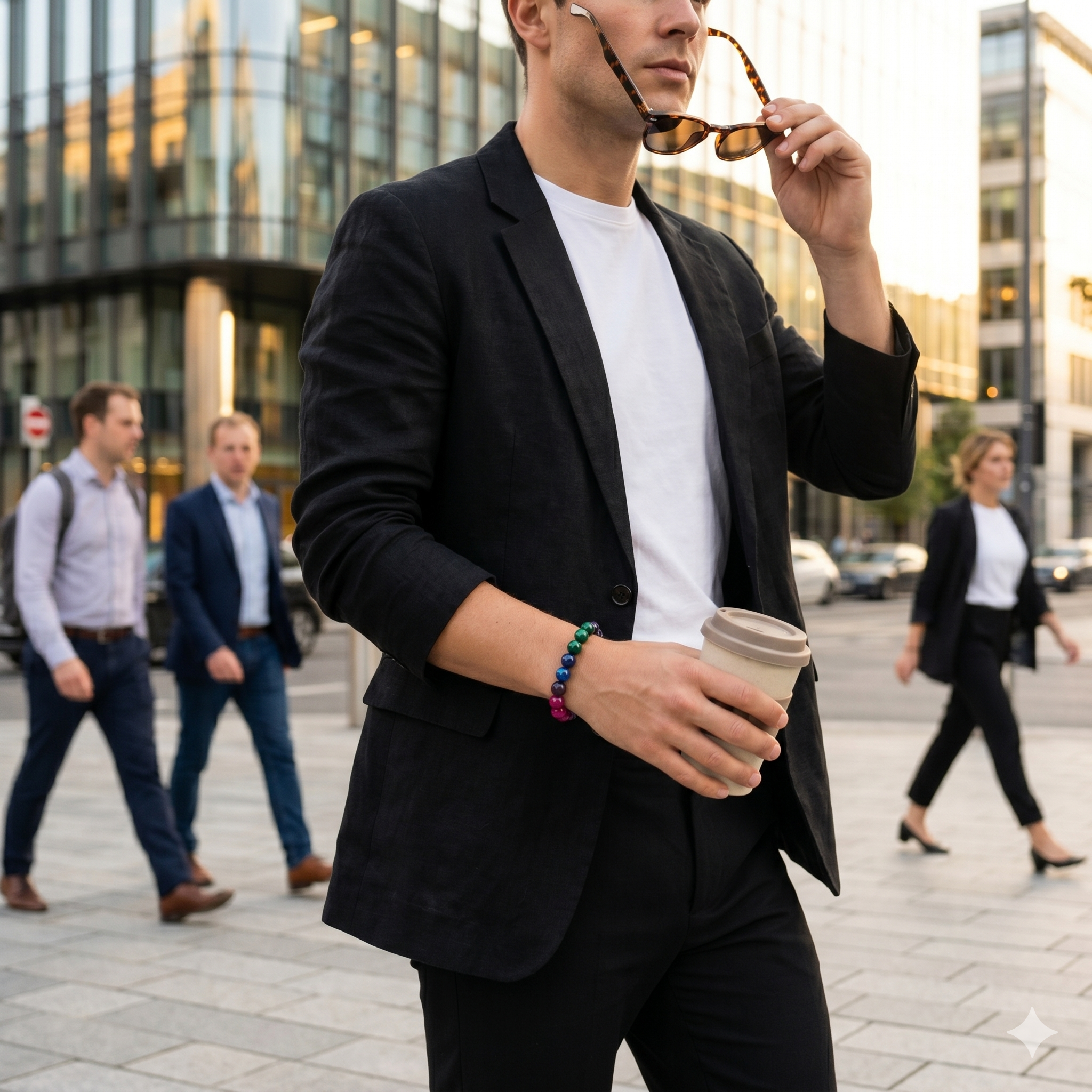 Man in a black suit holding sunglasses and a coffee cup on a city street.