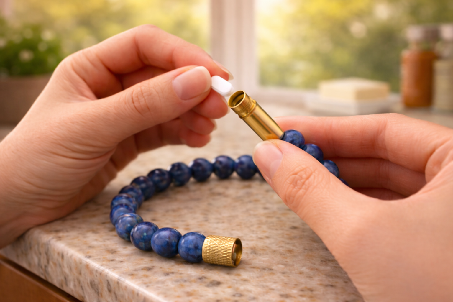 A discreet pill holder bracelet designed for real life. Waterproof, secure, and styled like jewelry—so your medication is always within reach, without looking medical.