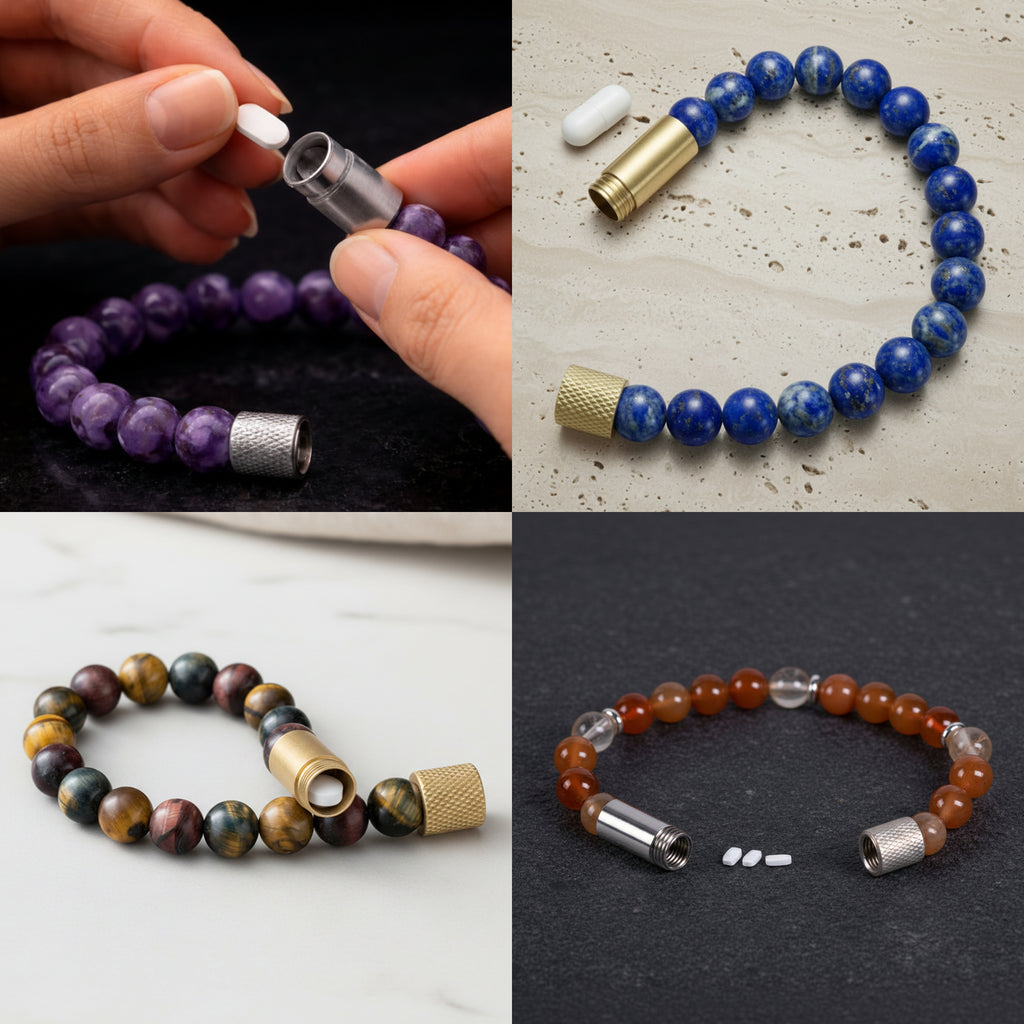 Collage of beaded bracelets with metal ends on a dark background