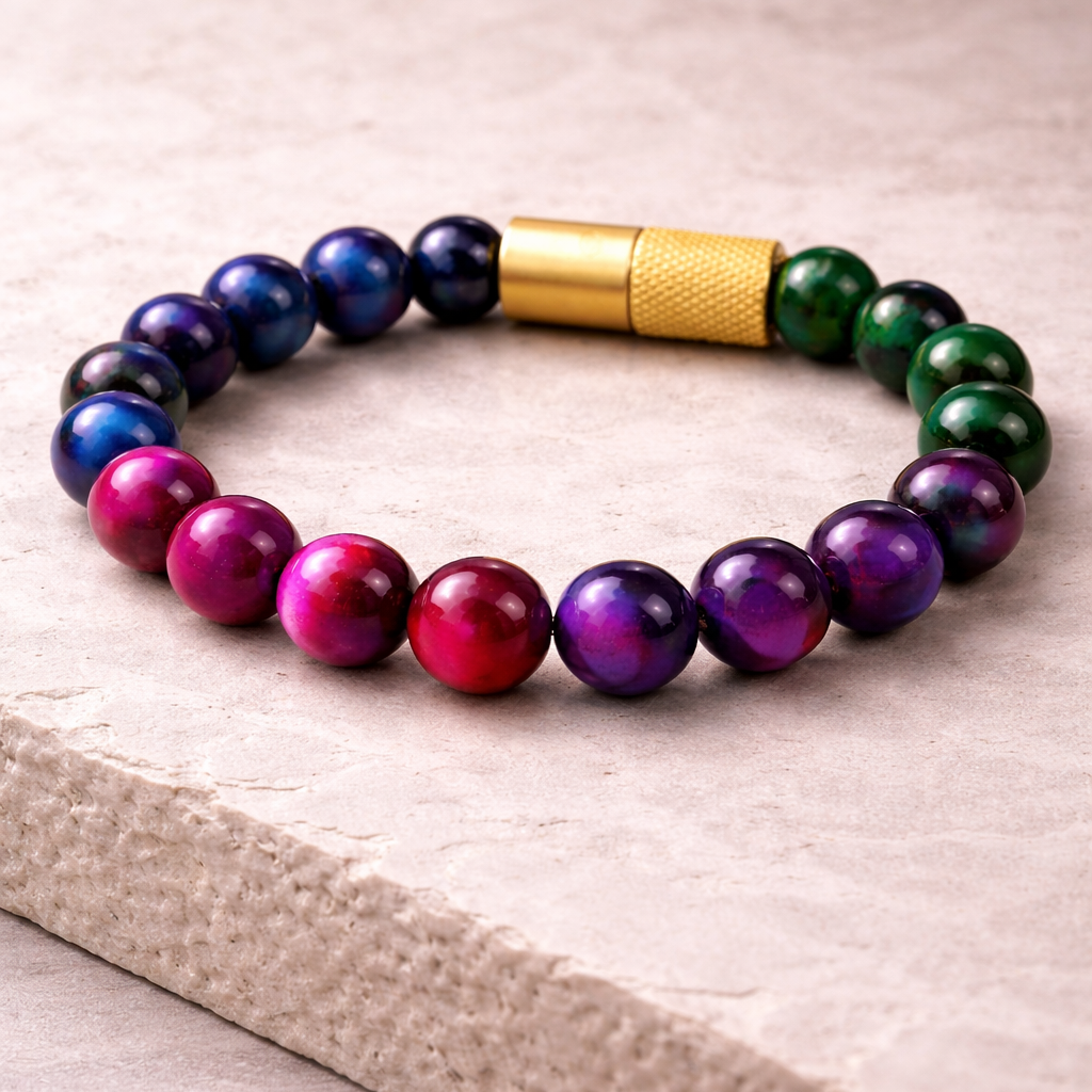 Multicolored beaded bracelet with a gold clasp on a beige surface