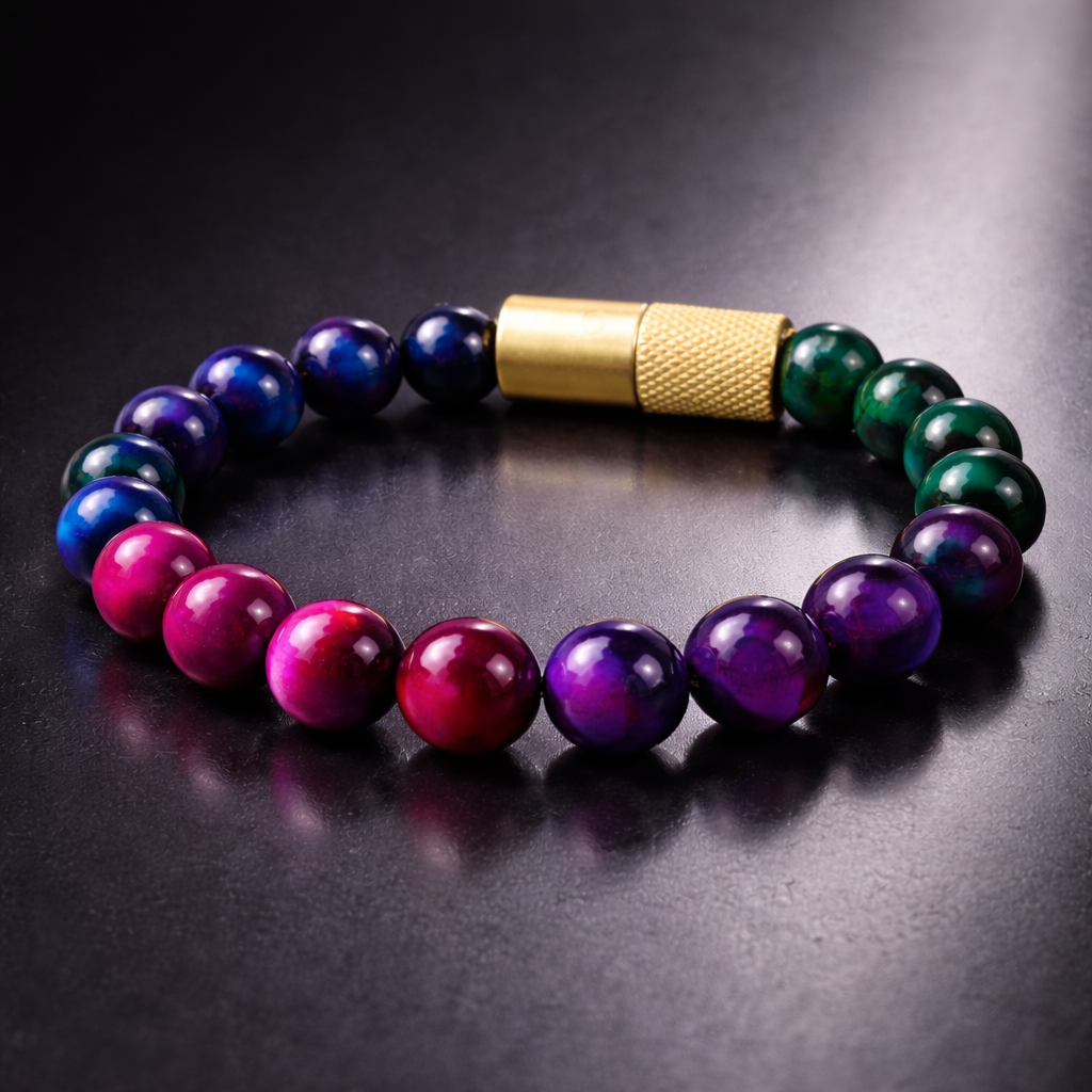 Multicolored beaded bracelet with a gold clasp on a dark surface